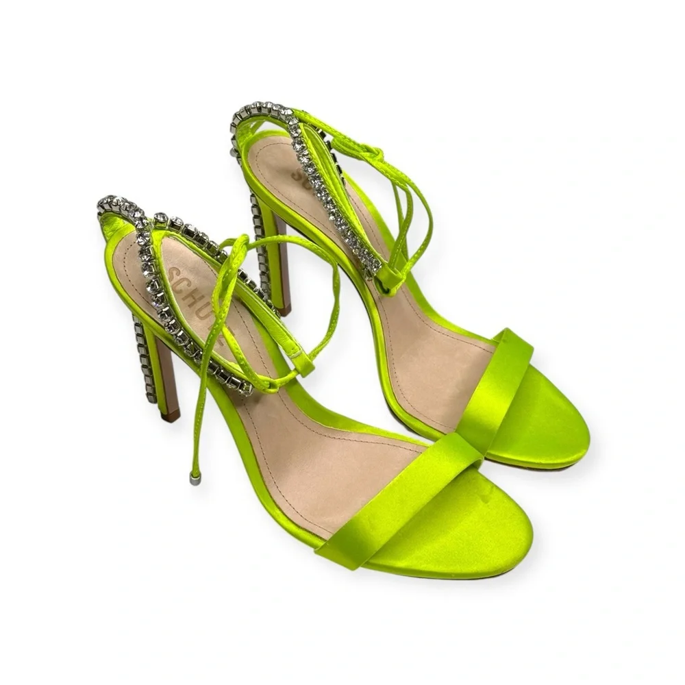 new Schutz 𒀭 Islah Satin + Crystal Heeled Sandals 𒀭Fresh Green [Neon] 𒀭 7.5M